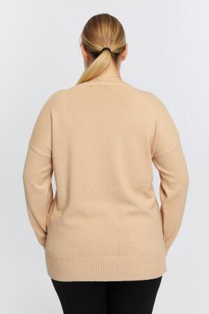 Büyük Beden Kayık Yaka Kaşmir Karışımlı Baskılı Triko Vizon - 6