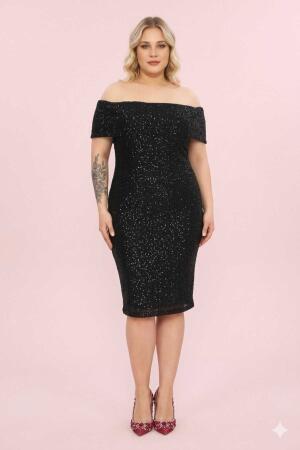Büyük Beden Kayık Yaka Payetli Midi Abiye Elbise – Omuz Dekolteli Şık Davet Elbisesi (40-62 Beden) ND4038 - Angelino Butik