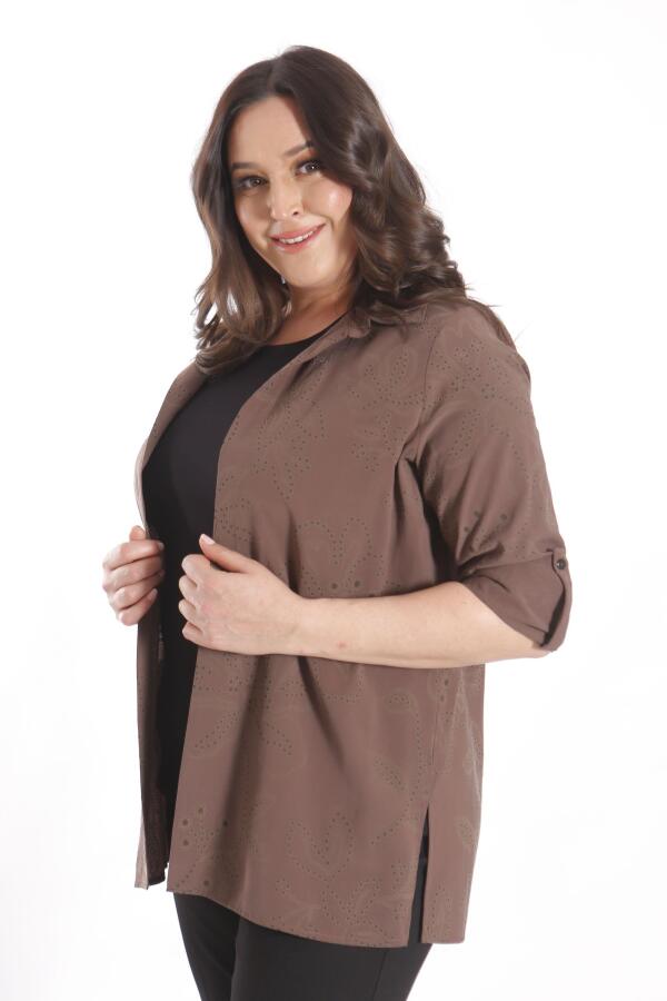 Angelino Büyük Beden Kendinden Desenli Kahverengi İkili Takım - 3