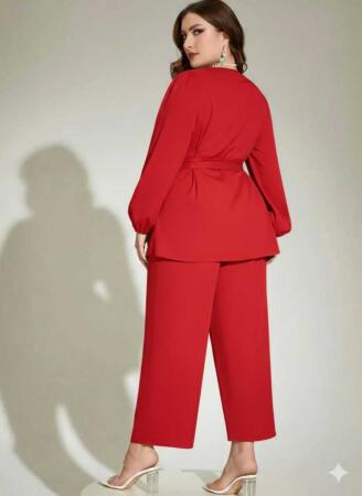 Büyük Beden Kırmızı Kuşaklı Bluz Pantolon Takım 62 Bedene Kadar Rahat Kesim Pantolonlu Kombin ND4033 - Angelino Butik (1)