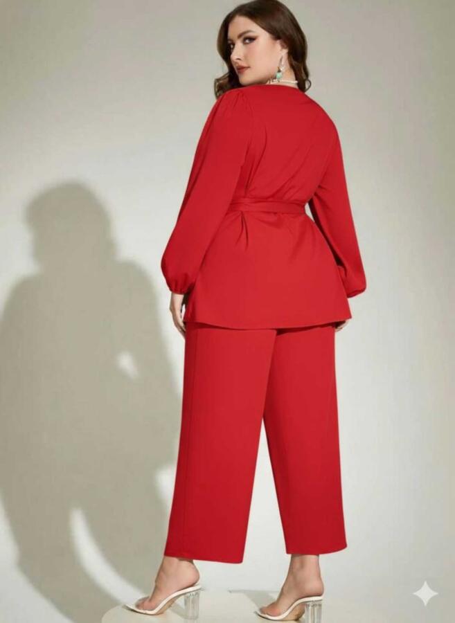 Büyük Beden Kırmızı Kuşaklı Bluz Pantolon Takım 62 Bedene Kadar Rahat Kesim Pantolonlu Kombin ND4033 - 2