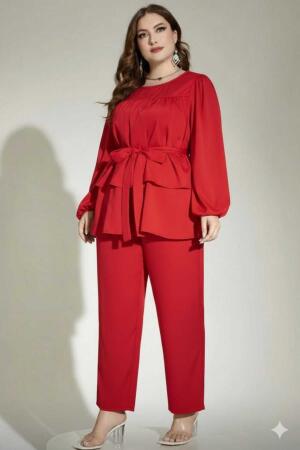 Büyük Beden Kırmızı Kuşaklı Bluz Pantolon Takım 62 Bedene Kadar Rahat Kesim Pantolonlu Kombin ND4033 - Angelino Butik