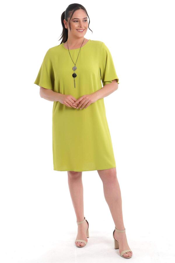 Büyük Beden Kısa Kol Fıstık Yeşili Elbise - 1
