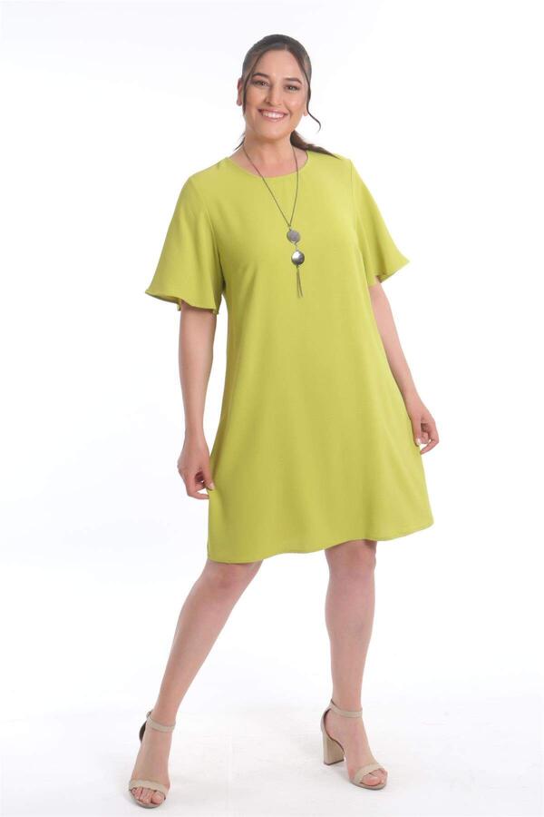 Büyük Beden Kısa Kol Fıstık Yeşili Elbise - 3