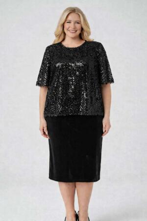 Büyük Beden Kısa Midi Elbise ve Üzeri Dökümlü Bluz 2’li Abiye Takım ND4025 - Angelino Butik