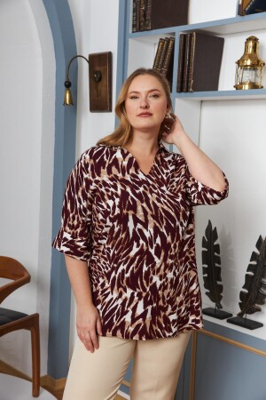 Büyük Beden Kol Katlı Leopar Bluz Bordo - 2