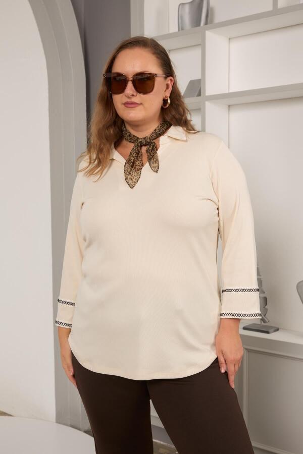 Büyük Beden Kol Nakış Detay Örme Bluz Ekru - 1