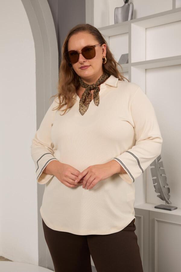 Büyük Beden Kol Nakış Detay Örme Bluz Ekru - 2