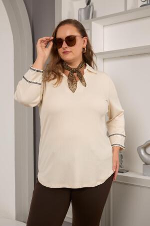 Büyük Beden Kol Nakış Detay Örme Bluz Ekru - 3