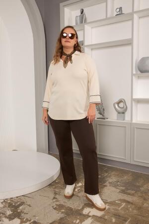 Büyük Beden Kol Nakış Detay Örme Bluz Ekru - 4