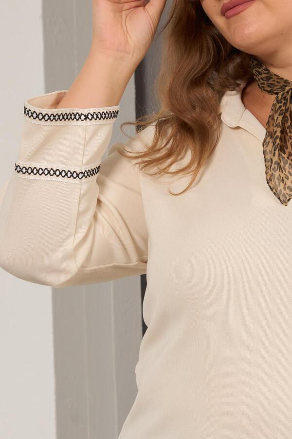 Büyük Beden Kol Nakış Detay Örme Bluz Ekru - 5