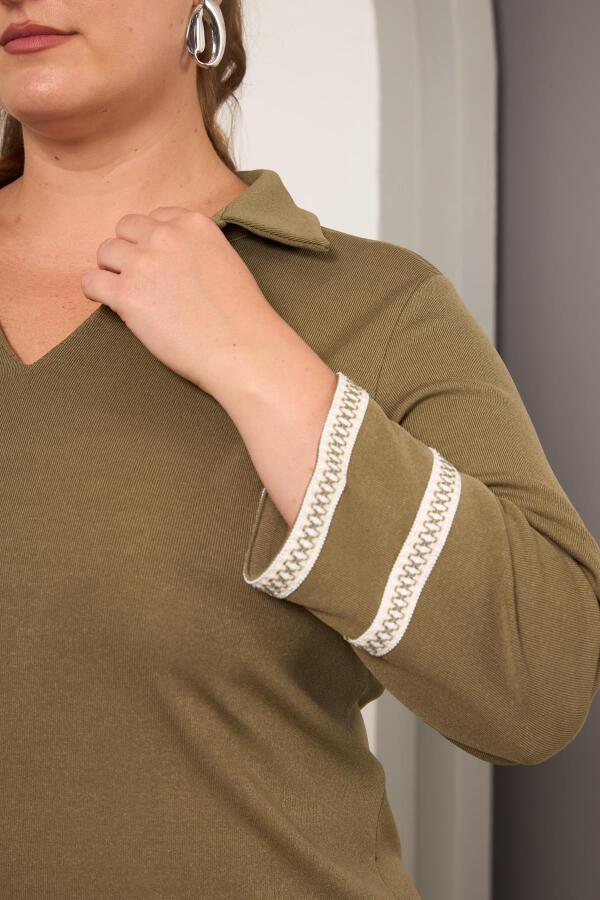 Büyük Beden Kol Nakış Detay Örme Bluz Haki - 4