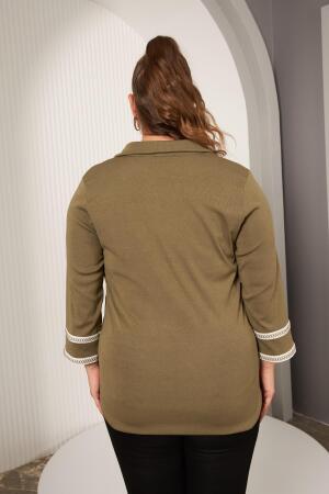 Büyük Beden Kol Nakış Detay Örme Bluz Haki - 6