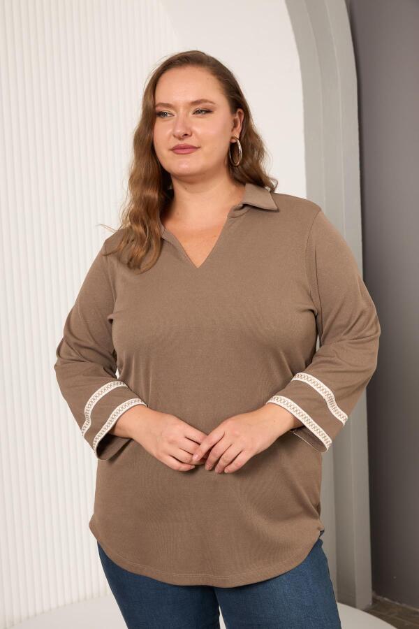 Büyük Beden Kol Nakış Detay Örme Bluz Vizon - 1