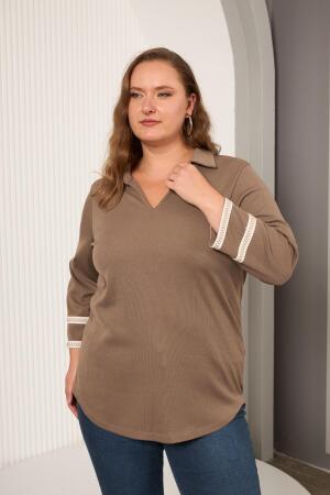 Büyük Beden Kol Nakış Detay Örme Bluz Vizon - RMG (1)