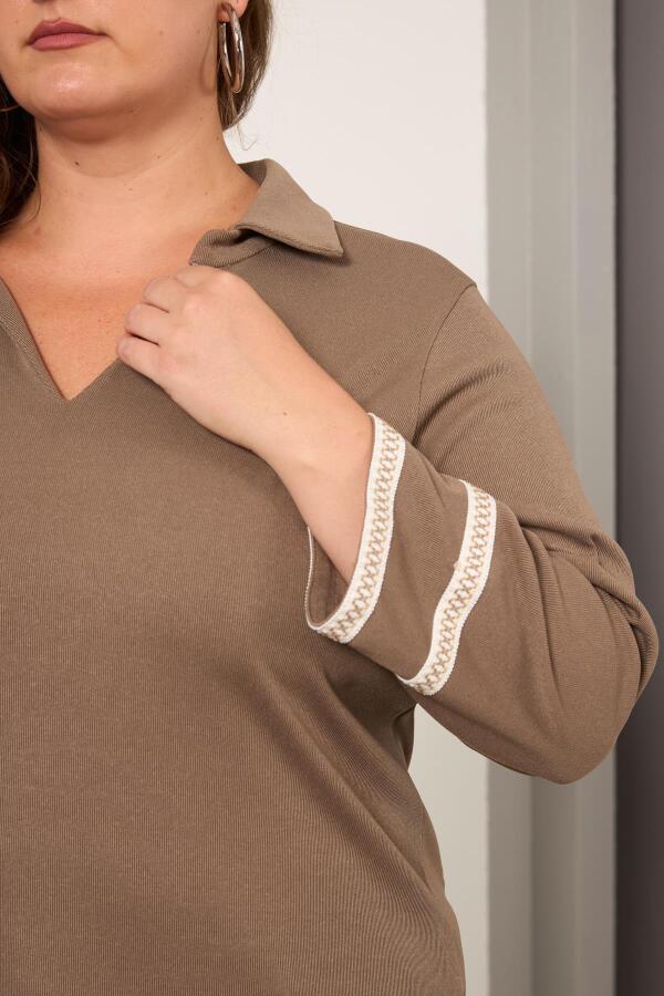 Büyük Beden Kol Nakış Detay Örme Bluz Vizon - 4