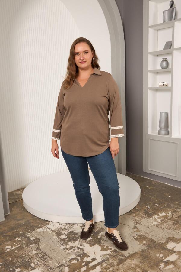 Büyük Beden Kol Nakış Detay Örme Bluz Vizon - 5