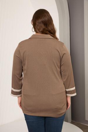 Büyük Beden Kol Nakış Detay Örme Bluz Vizon - 6