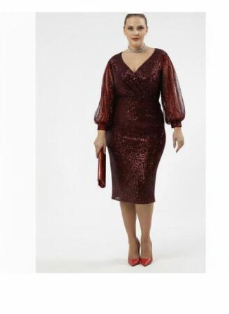 Büyük Beden Kolları Saçaklı Kısa Pul Payet Abiye Elbise Bordo Nd4012 - Angelino Butik