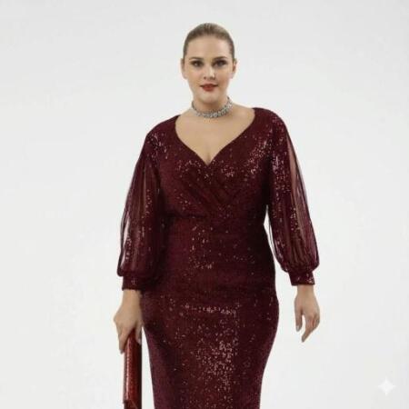 Büyük Beden Kolları Saçaklı Kısa Pul Payet Abiye Elbise Bordo Nd4012 - Angelino Butik (1)