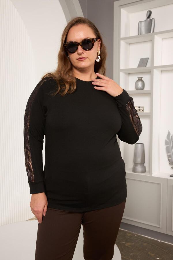Büyük Beden Kolu Dantel Detay Bluz Siyah - 1