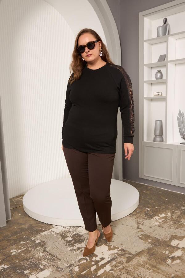 Büyük Beden Kolu Dantel Detay Bluz Siyah - 7