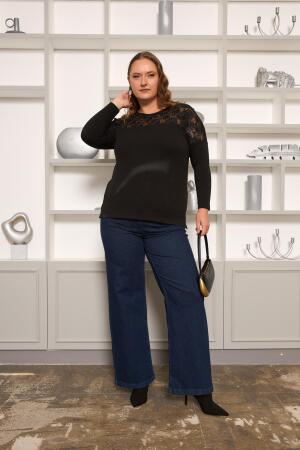 Büyük Beden Kordone Dantel Garnili Bluz Siyah - 6