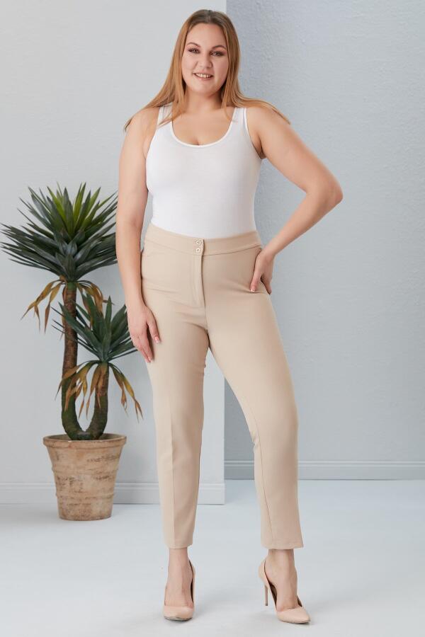 Büyük Beden Krem Kumaş Pantolon - 5