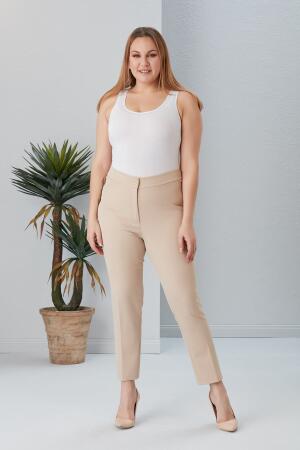 Büyük Beden Krem Kumaş Pantolon - 4