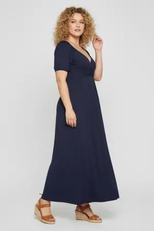 Büyük Beden Kruvaze Yaka Kısa Puf Kollu Beli Büzgülü Rahat Kesim Maxi Elbise - Shape of You (1)