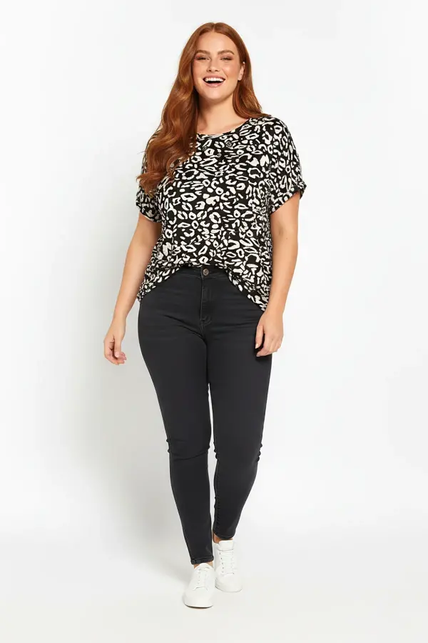 Büyük Beden Kuş Gözü Detaylı Leopar Desenli T-shirt - 3