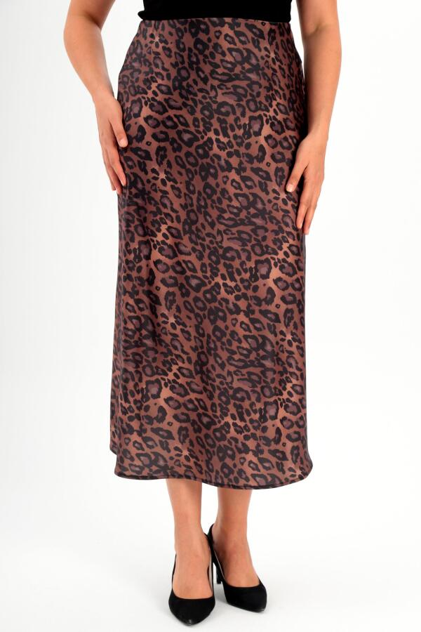 Trend42plus Büyük Beden Leopar Desenli Beli Lastikli Kahverengi Etek - 4