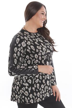 Büyük Beden Leopar Desenli Kollar Deri Şeritli Siyah Bluz - 5