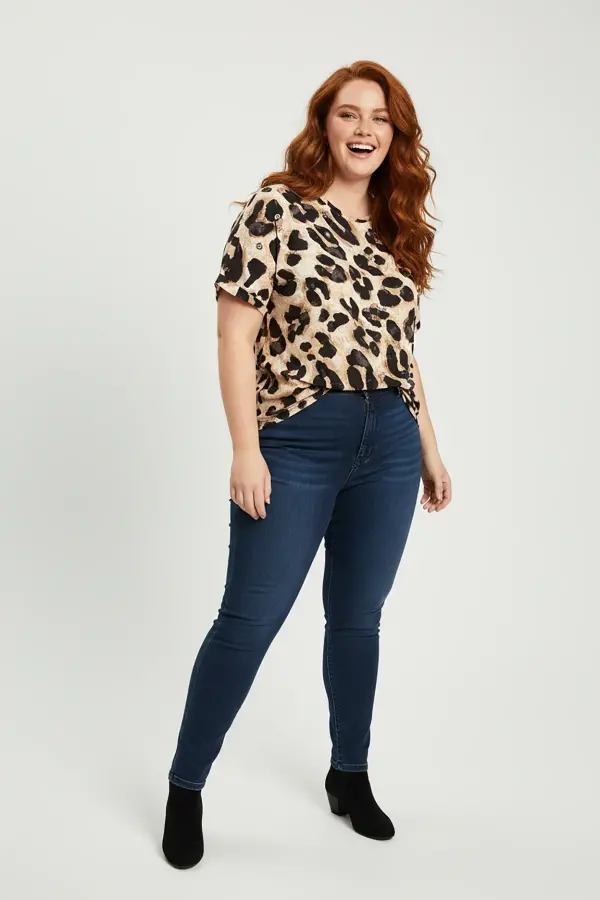 Büyük Beden Leopar Desenli Kuş gözü Detaylı T-shirt - 1