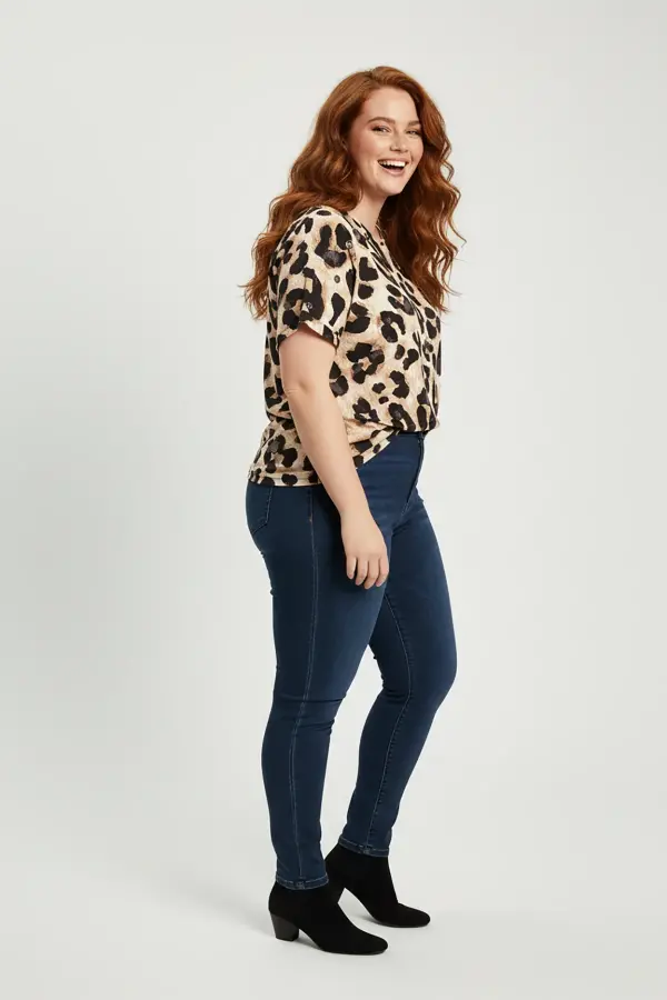 Büyük Beden Leopar Desenli Kuş gözü Detaylı T-shirt - 2