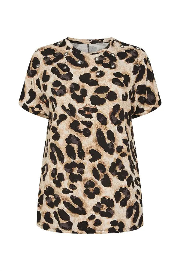 Büyük Beden Leopar Desenli Kuş gözü Detaylı T-shirt - 5