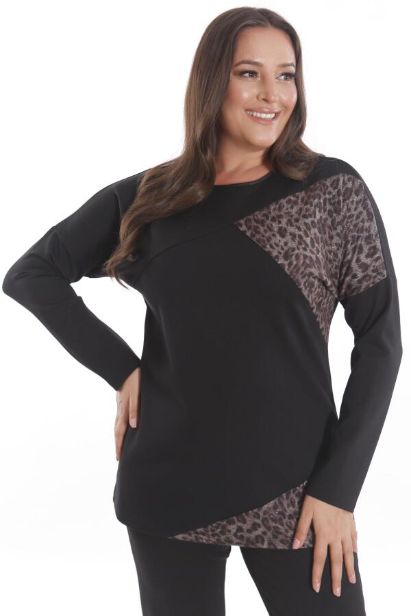 Büyük Beden Leopar Desenli Siyah Tunik - 3