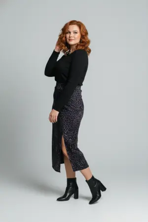 Büyük Beden Leopar Desenli Yırtmaç Detaylı Midi Etek - Shape of You (1)