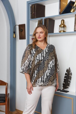 Büyük Beden Leopar Zebra Desen Şifon Bluz Vizon - 4
