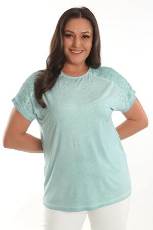 Angelino Büyük Beden Mint Taş Baskılı Omuz Dantel Detaylı Batik Yıkamalı Bluz - 3
