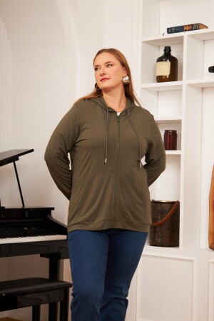 Büyük Beden Modal Sweatshirt Hırka Haki - 1