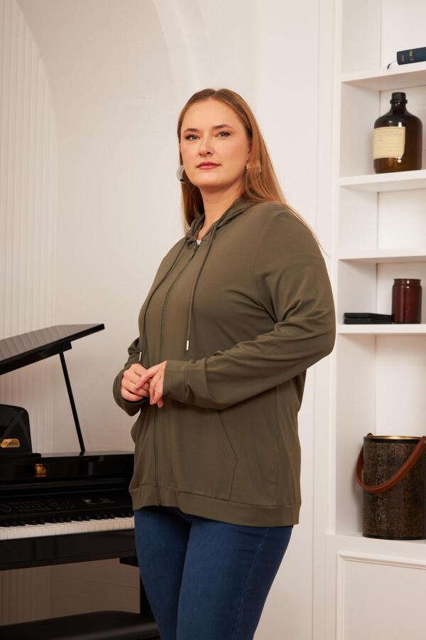 Büyük Beden Modal Sweatshirt Hırka Haki - 2