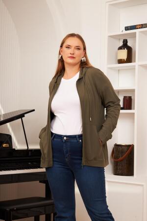 Büyük Beden Modal Sweatshirt Hırka Haki - 3