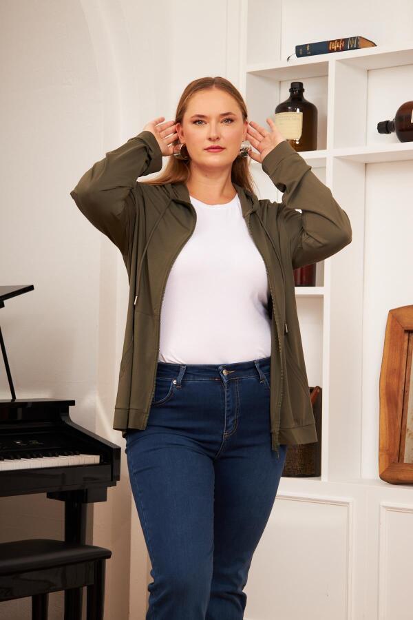Büyük Beden Modal Sweatshirt Hırka Haki - 4