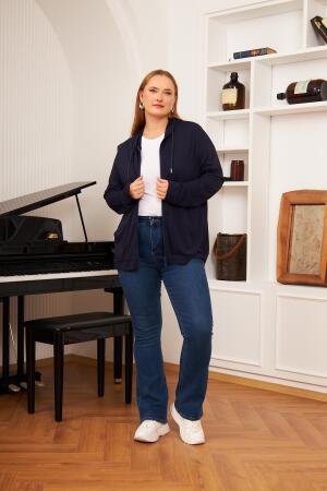 Büyük Beden Modal Sweatshirt Hırka Lacivert - 4