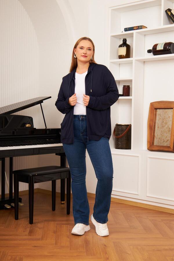 Büyük Beden Modal Sweatshirt Hırka Lacivert - 4