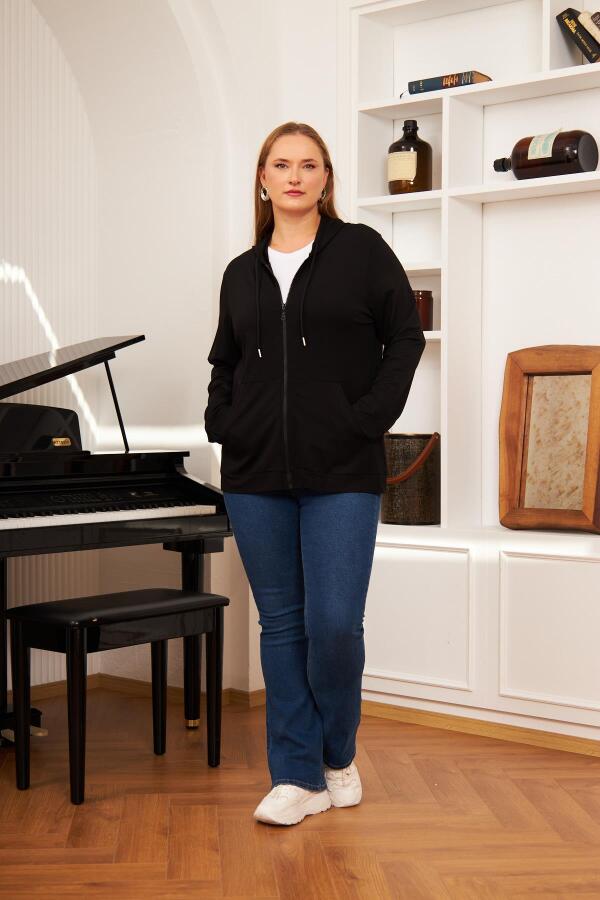 Büyük Beden Modal Sweatshirt Hırka Siyah - 1