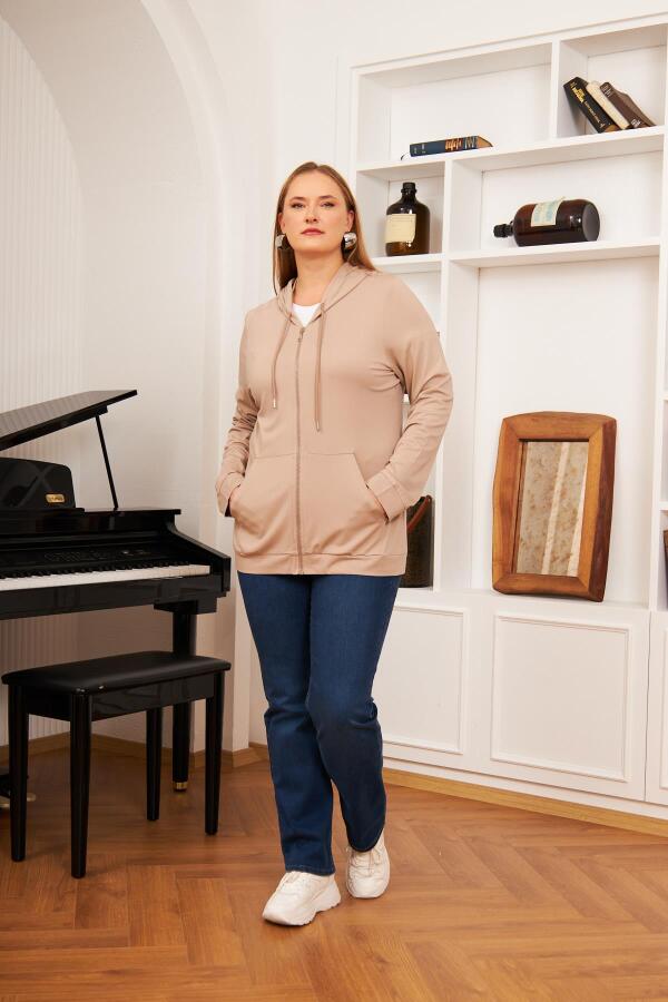 Büyük Beden Modal Sweatshirt Hırka Vizon - 1