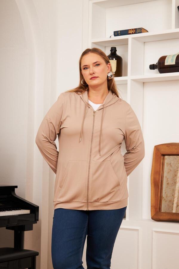 Büyük Beden Modal Sweatshirt Hırka Vizon - 3