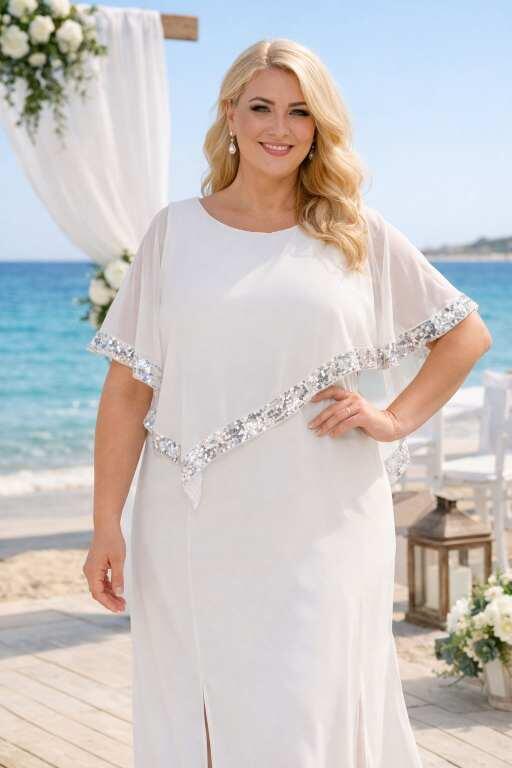 Büyük Beden Nikah Elbisesi Beyaz Pelerin Kol Detaylı Uzun Abiye Elbise KL3119 - 2